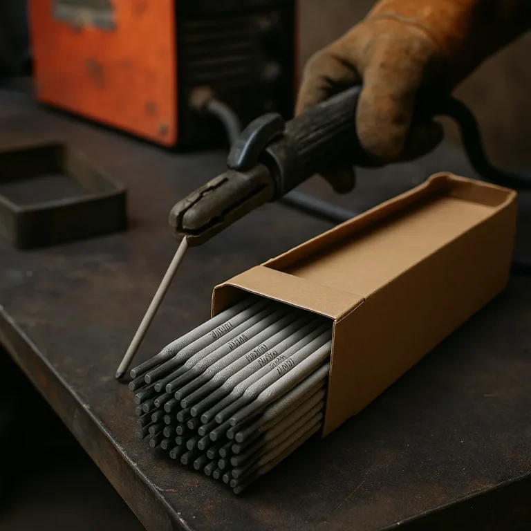 A gloved welder holds an electrode holder with a 7018 welding rod, positioned above an open box of 7018 rods on a metal workbench with a welding machine in the background.