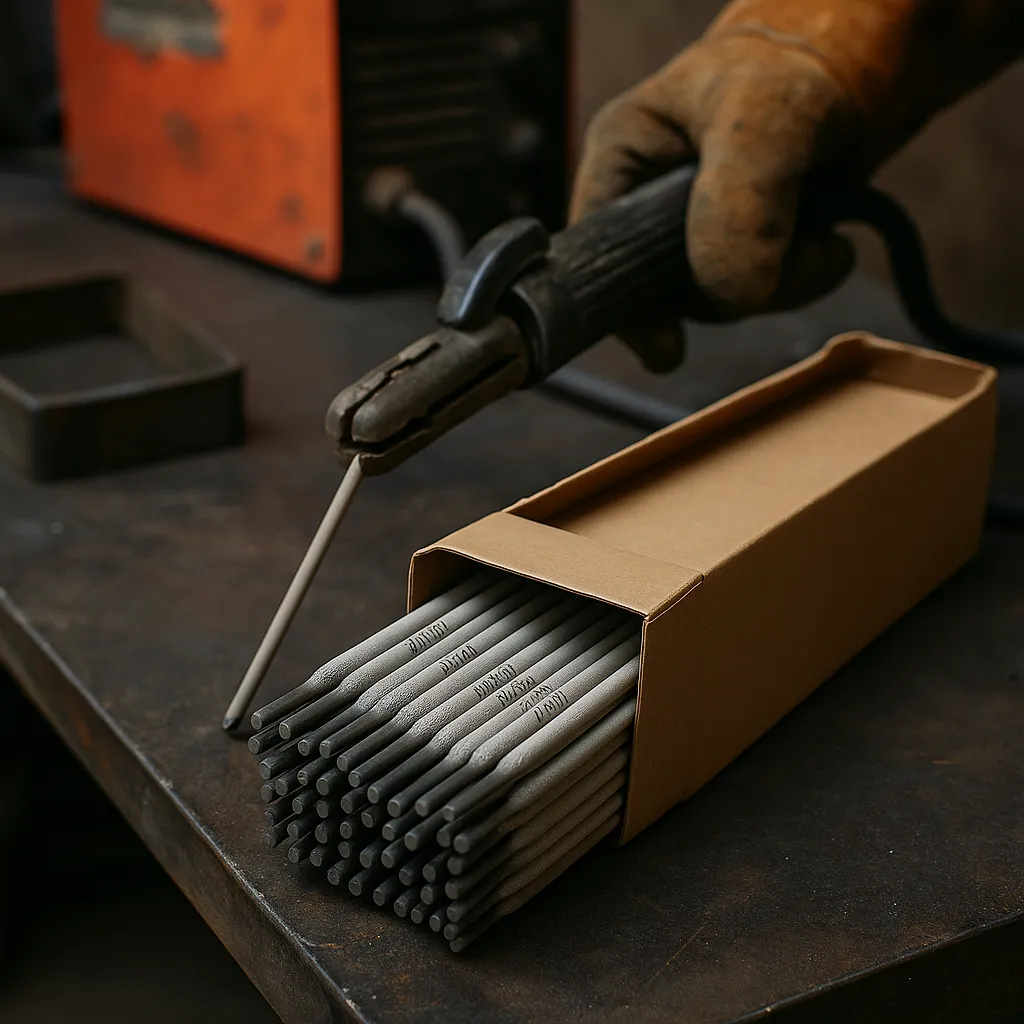 A gloved welder holds an electrode holder with a 7018 welding rod, positioned above an open box of 7018 rods on a metal workbench with a welding machine in the background.