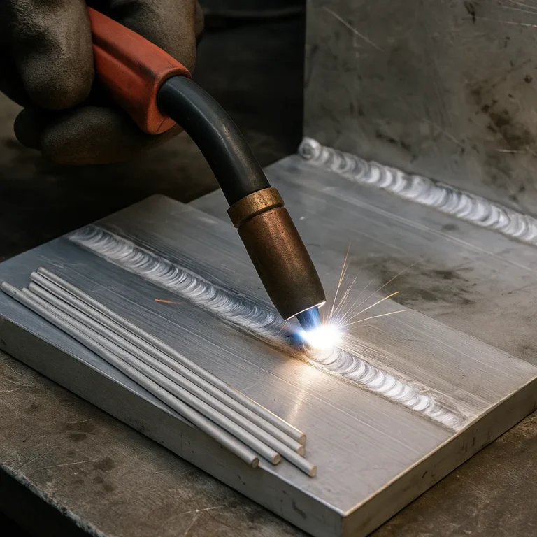 A close-up of an aluminum MIG welding process, showing a gloved hand guiding a torch over a metal plate with stacked filler rods nearby.