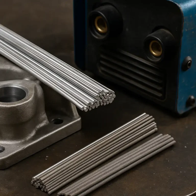 Welding filler rods stacked on a cast aluminum part beside a blue welding machine on a workshop table.