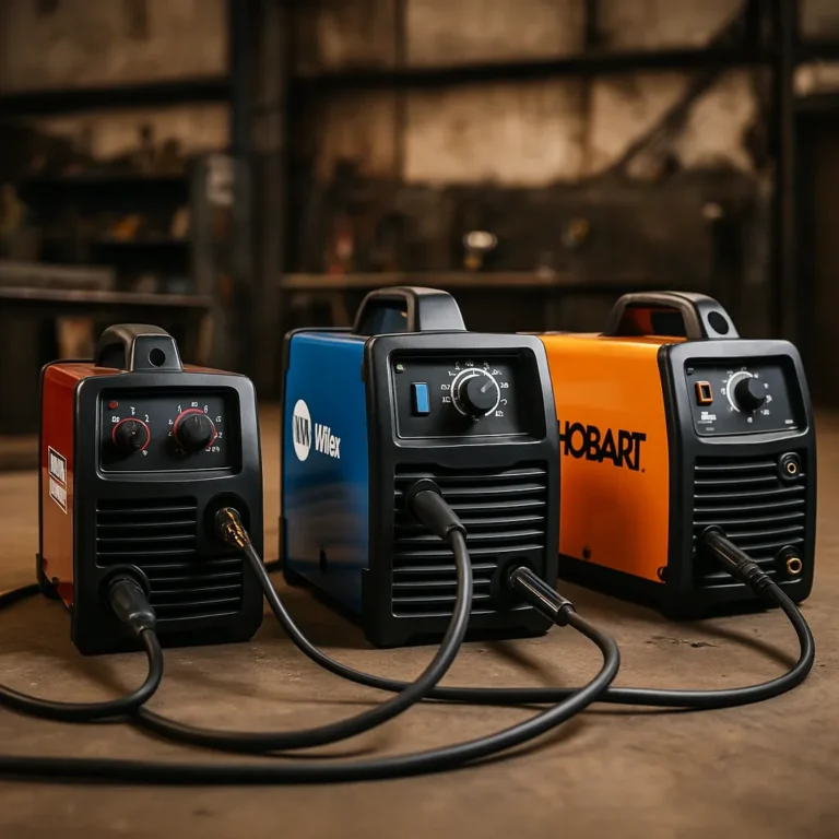Three high-quality welding machines—Lincoln, Miller, and Hobart—sitting on a concrete shop floor with cables connected, surrounded by industrial tools in a warmly lit workshop.