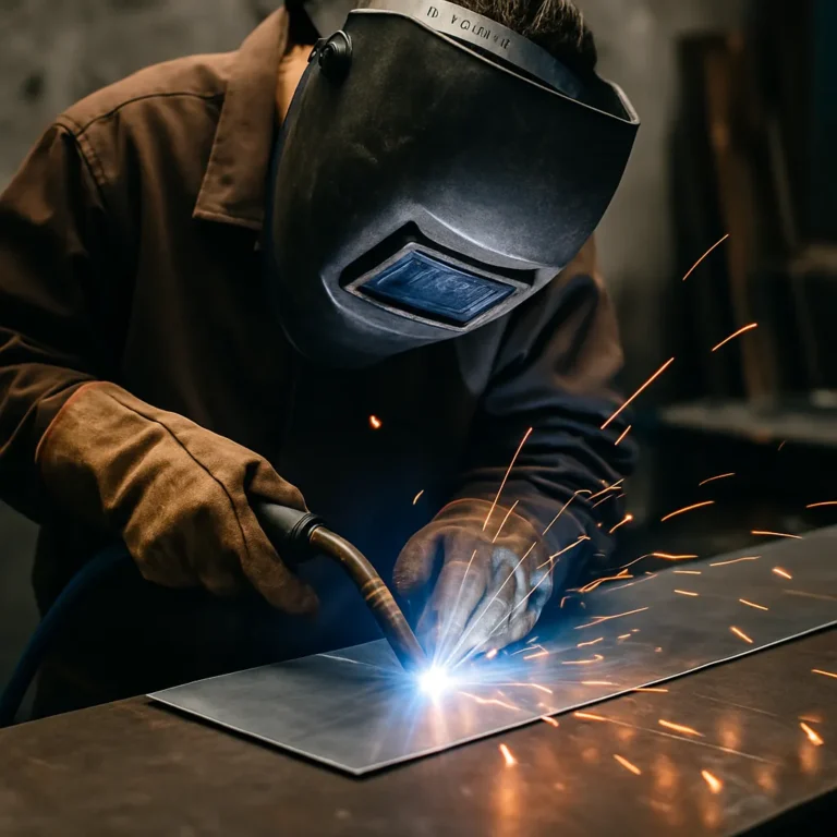 A welder using a MIG torch to weld thin sheet metal, with bright sparks flying and a protective helmet in use.