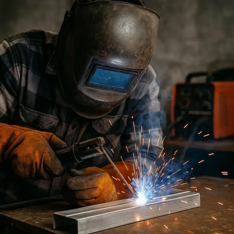 A welder in a dim workshop welding an aluminum bar with a stick welder, sparks flying as the arc glows intensely, with a MIG machine in the background.