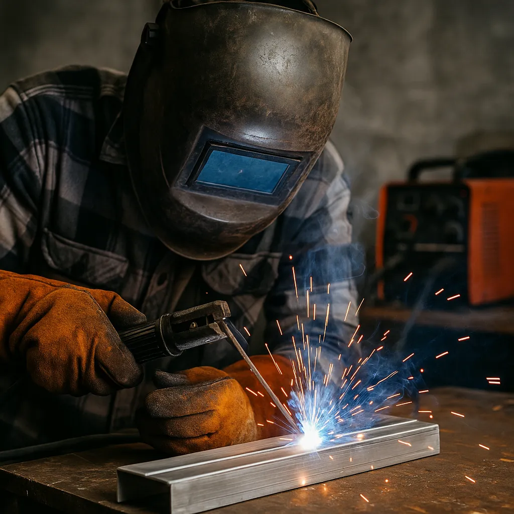 A welder in a dim workshop welding an aluminum bar with a stick welder, sparks flying as the arc glows intensely, with a MIG machine in the background.