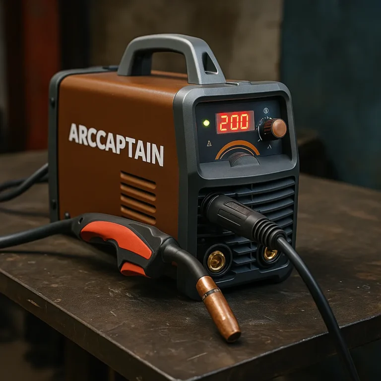 A photograph captures an ArcCaptain MIG-200 welding machine with a glowing LED display and connected MIG torch, placed on a rugged metal workbench in a dimly lit industrial workshop.