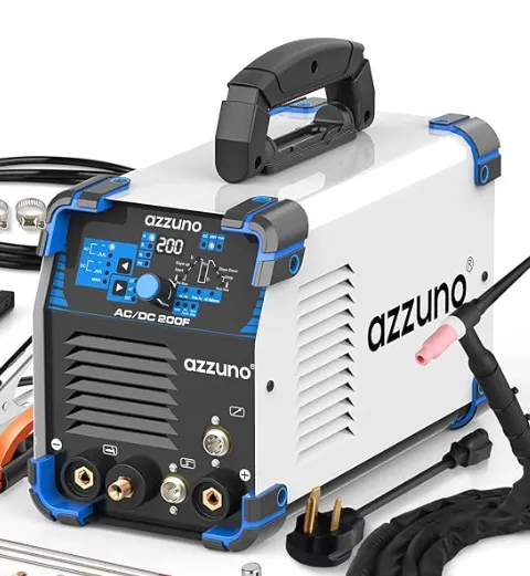 Azzuno AC/DC TIG Welder 200A with digital control panel, welding cables, and accessories laid out around the machine