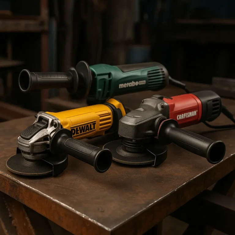 Three angle grinders from DEWALT, Metabo HPT, and CRAFTSMAN arranged side by side on a metal workbench in a welding shop.