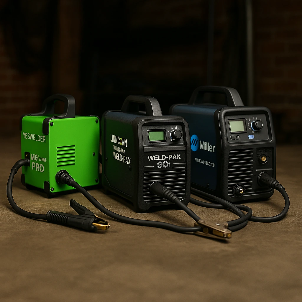 Three welding machines from different brands placed side by side on a concrete workshop floor. The YESWELDER MIG-205DS PRO in green, Lincoln Electric WELD-PAK 90i in black, and Miller MULTIMATIC 220 in blue are displayed, each with visible control panels, cables, and connectors.