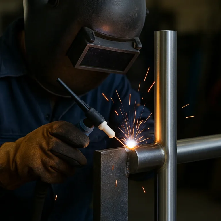 A welder using TIG welding to join a titanium bar to a steel bar, with sparks flying from the arc in a workshop setting.
