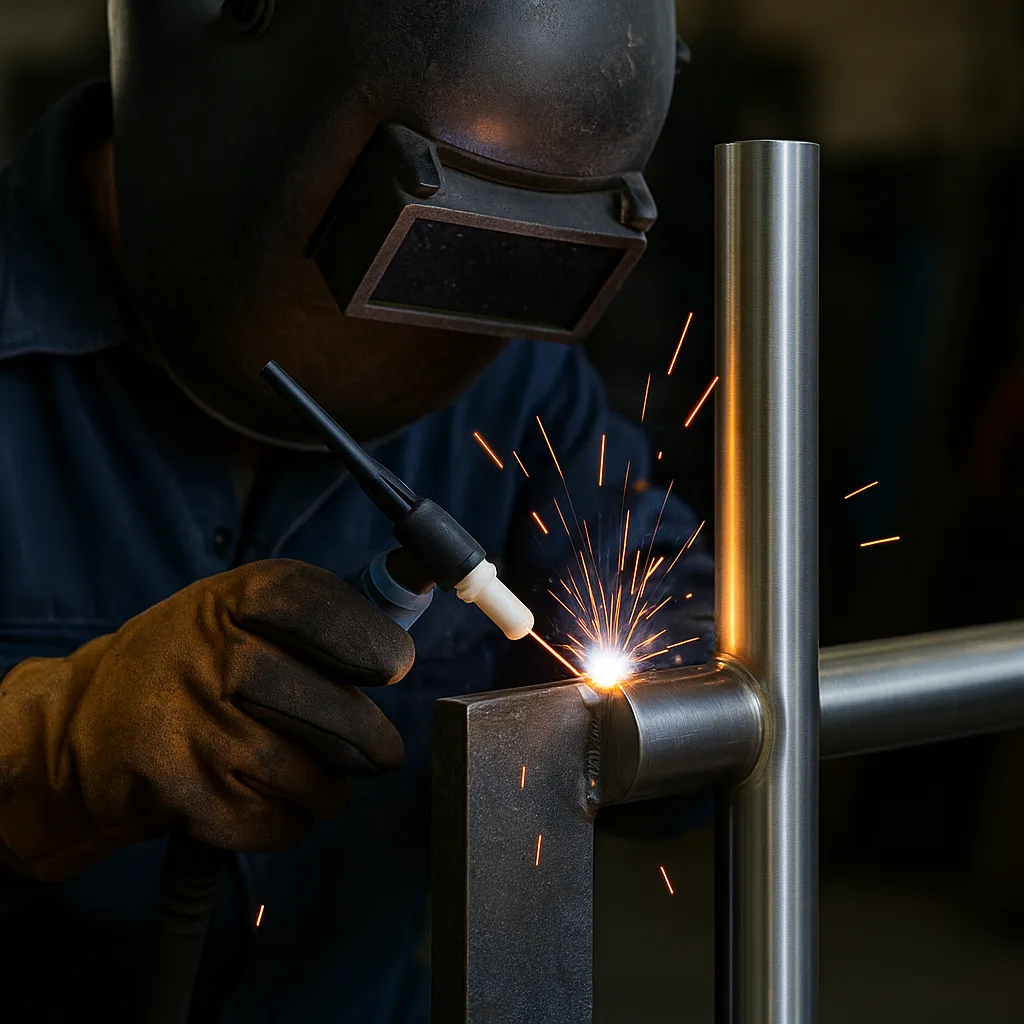 A welder using TIG welding to join a titanium bar to a steel bar, with sparks flying from the arc in a workshop setting.