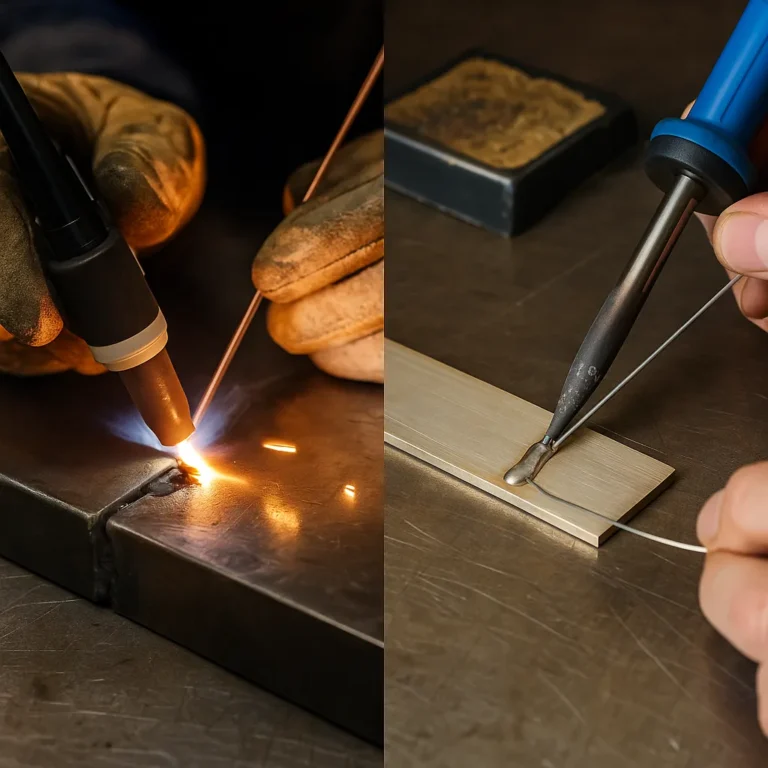 A close-up view of a welder working on a metal joint with a torch, illustrating the key difference between welding and soldering processes