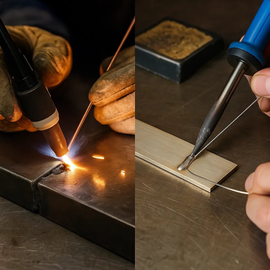A close-up view of a welder working on a metal joint with a torch, illustrating the key difference between welding and soldering processes