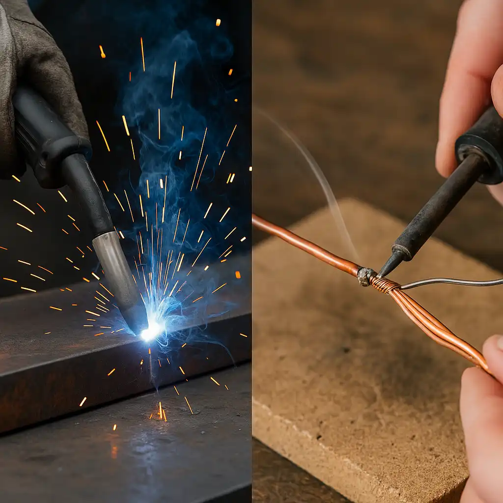 A side-by-side view showing welding on the left with sparks flying as a torch fuses thick steel plates, and soldering on the right where hands use a soldering iron to join copper wires with molten solder.