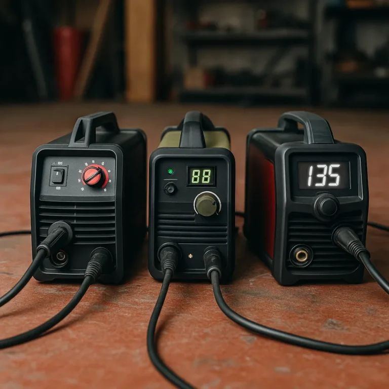 Three compact beginner-friendly welding machines lined up on a concrete workshop floor, with visible digital displays and simple control knobs.