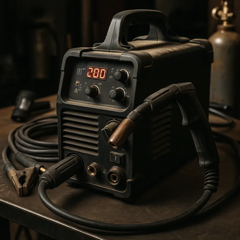 A high-resolution image of a black Eastwood multi-process welder placed on a workshop surface, with visible dials, MIG torch, and power cables ready for use.
