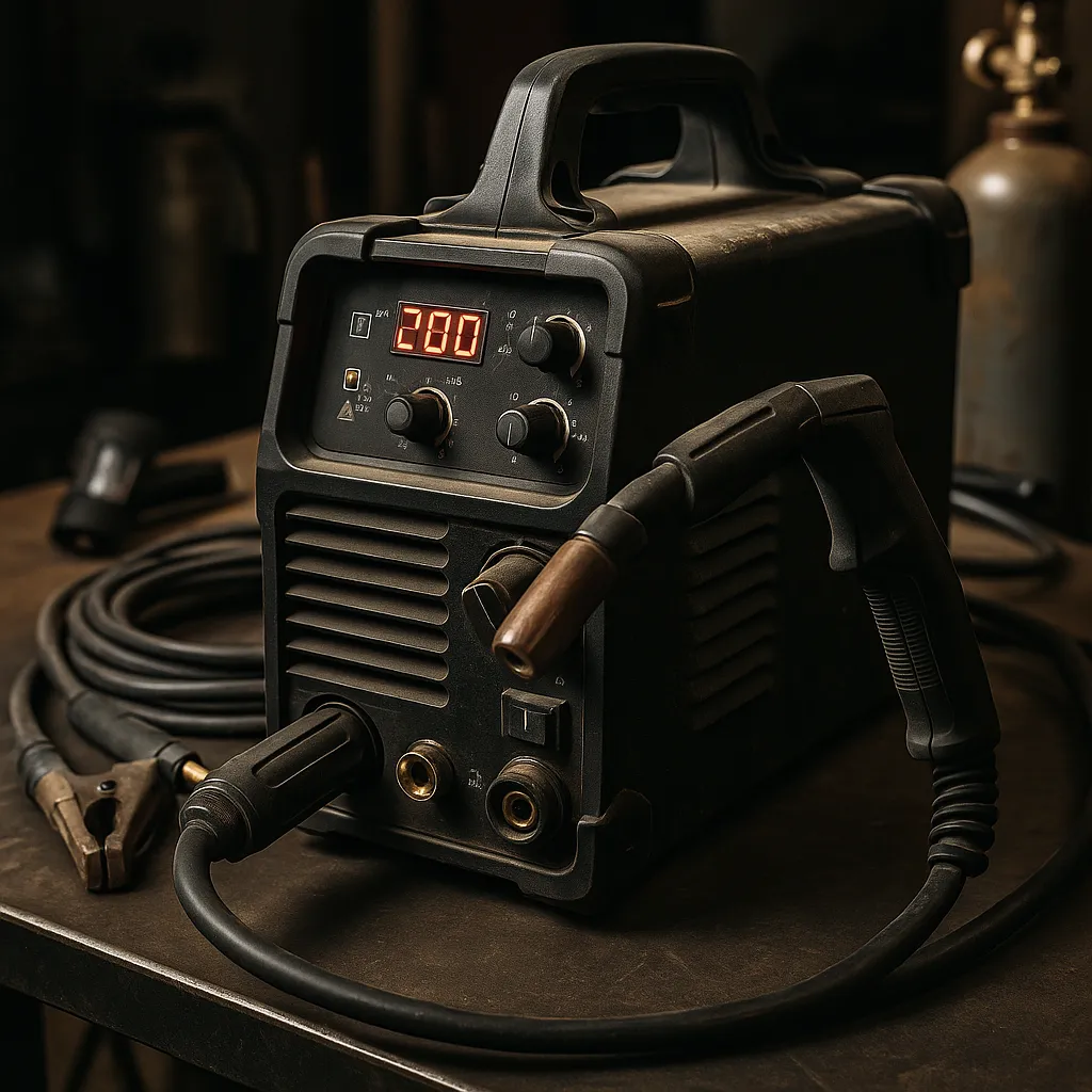 A high-resolution image of a black Eastwood multi-process welder placed on a workshop surface, with visible dials, MIG torch, and power cables ready for use.