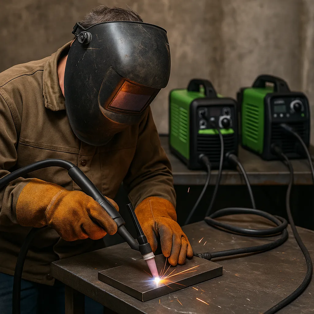 A welder in a workshop uses a TIG torch to weld metal, with three green and black inverter welders visible in the background.