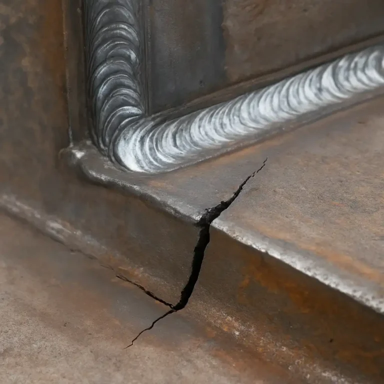 A close-up view of a welded metal joint with visible cracks and stress lines, illustrating the effects of metal fatigue in welding.
