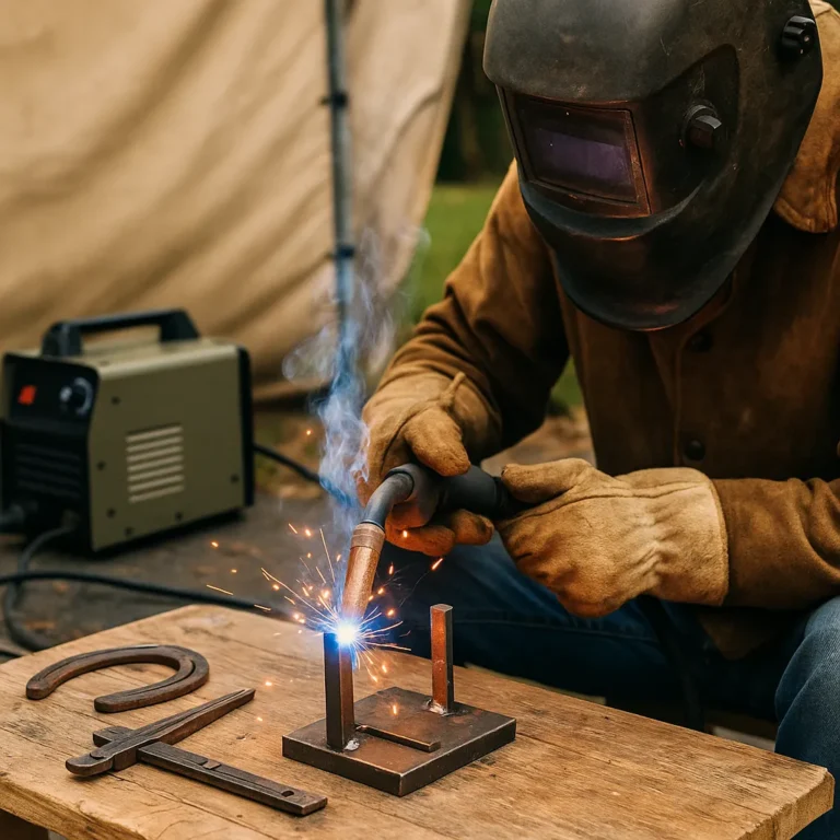 A welder working on a small metal frame project in a home garage, with sparks flying from a compact welding machine on a wooden workbench.