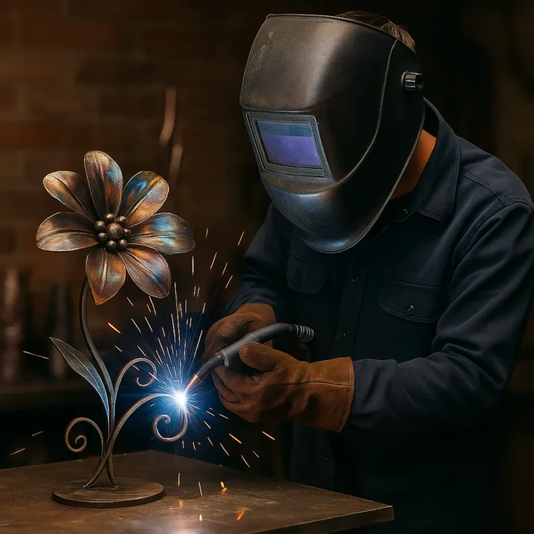 A welder carefully shaping metal for a TIG welding art project, with bright sparks flying and artistic details beginning to take form in a creative workshop.