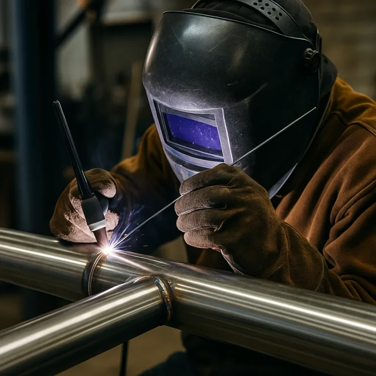A welder wearing a dark helmet and leather gloves carefully TIG welding stainless steel pipe in a workshop, with bright arc light and clean metal joints.