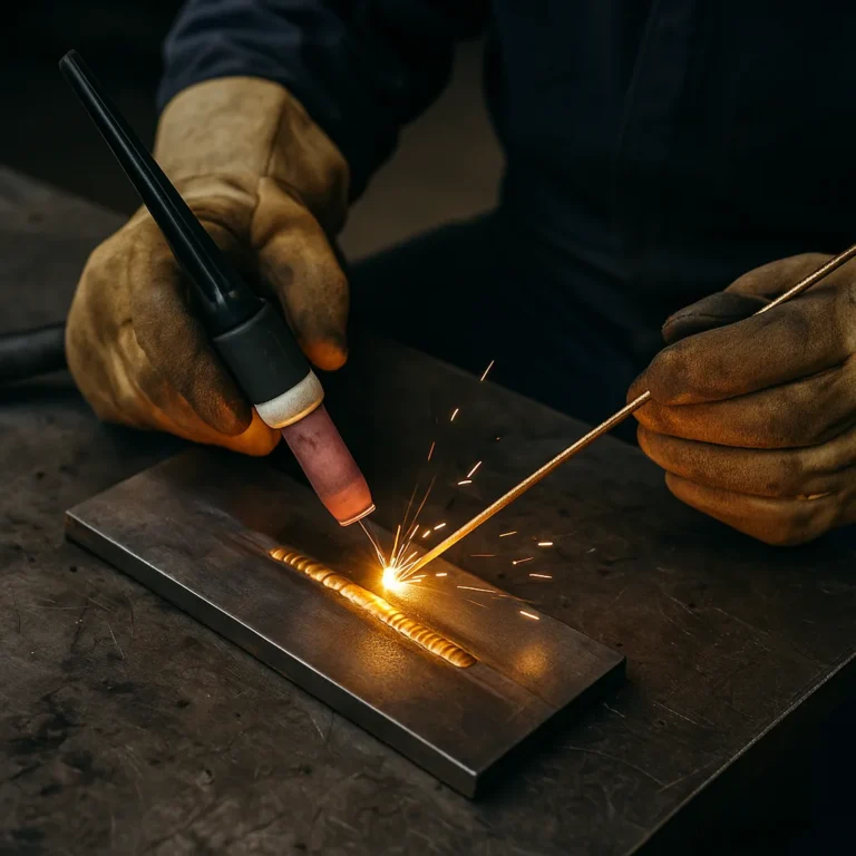 A welder fuses metal using a TIG torch and silicon bronze filler rod, with bright sparks and precise hand control over a flat steel plate.