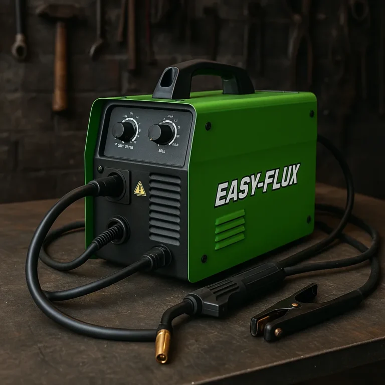 A green portable flux-core welder with black controls and attached torch sits on a metal workbench in a workshop.