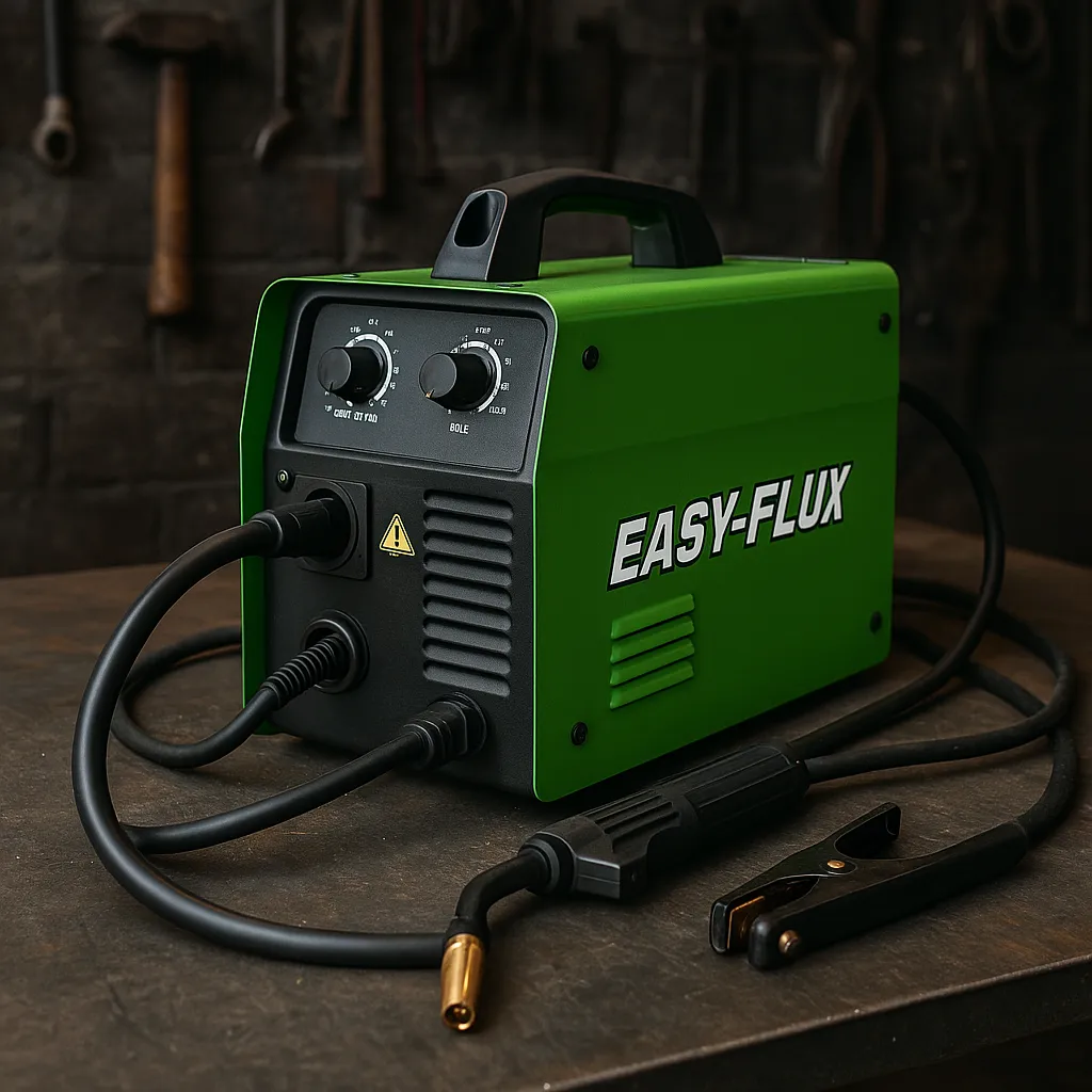 A green portable flux-core welder with black controls and attached torch sits on a metal workbench in a workshop.