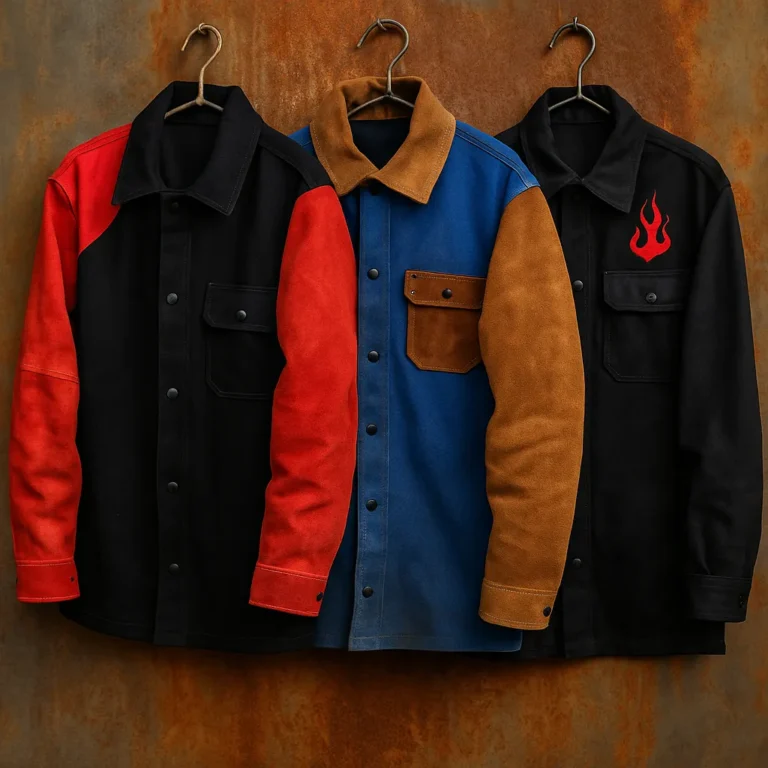Three welding jackets in black, red, blue, and brown materials hang side by side on hooks against a rusted metal background.