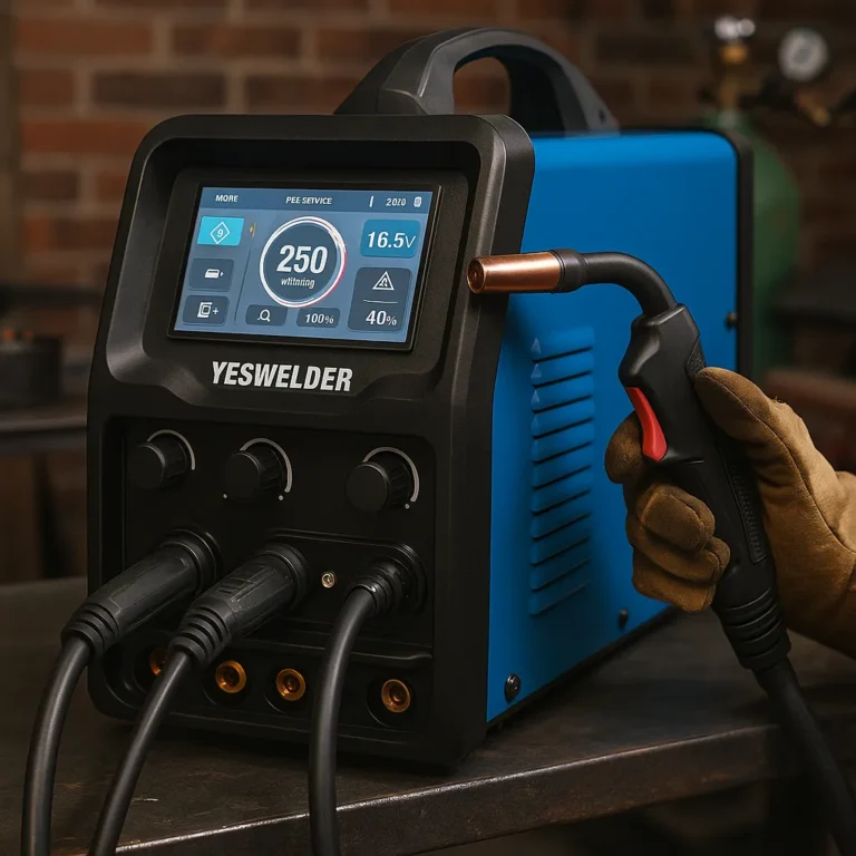 A YESWELDER multiprocess welder with a 7-inch display and attached torch in a workshop, showing welding settings on screen.