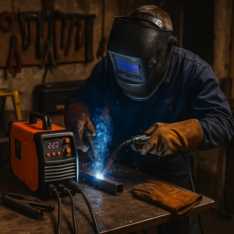 A welder using a portable welding machine in a garage workshop, wearing protective gear with bright sparks lighting up the work area.