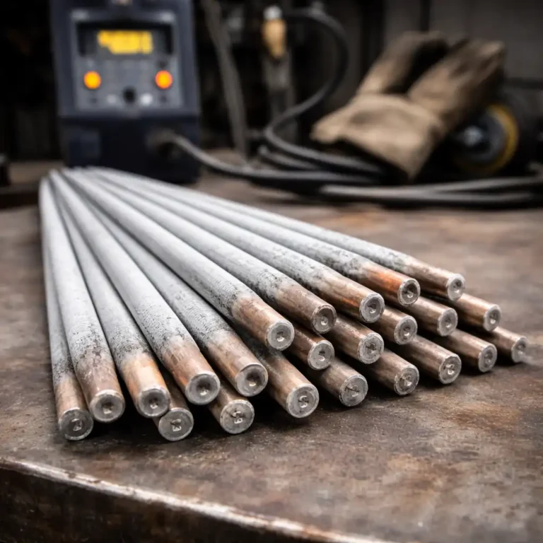 6010 welding rods arranged on a metal workbench with welding equipment in the background.