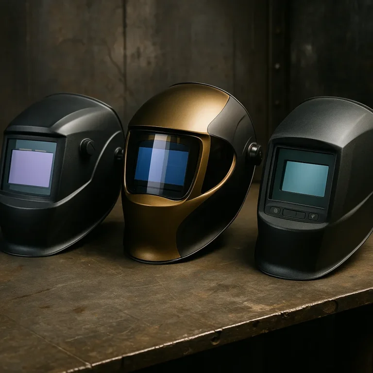 Three clear view welding helmets lined up on a scratched workshop metal table, each with unique lens designs and digital controls.