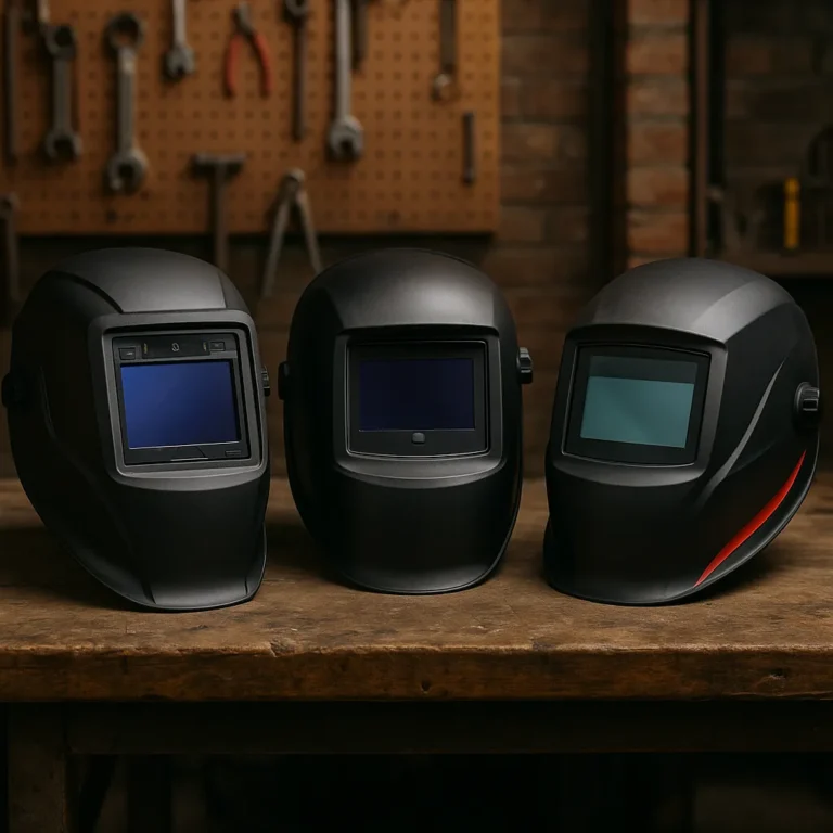 Three Jackson welding helmets displayed side by side on a wooden workbench, set against a brick wall with hanging tools in the background.