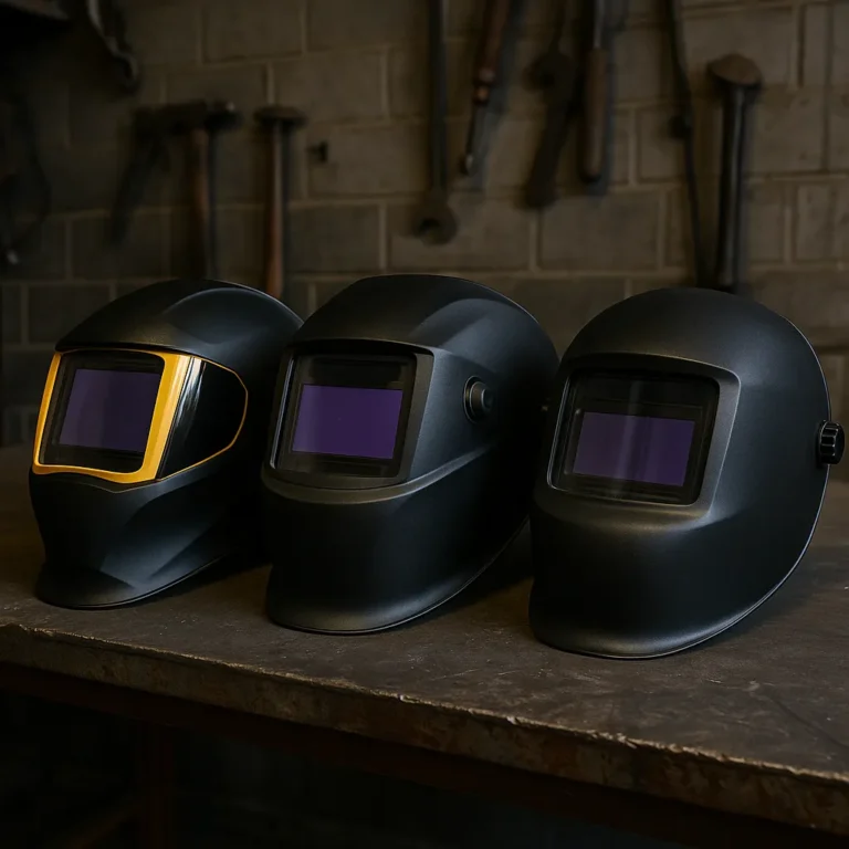 Three lightweight welding helmets displayed side by side on a rugged metal workbench, in an industrial workshop setting.