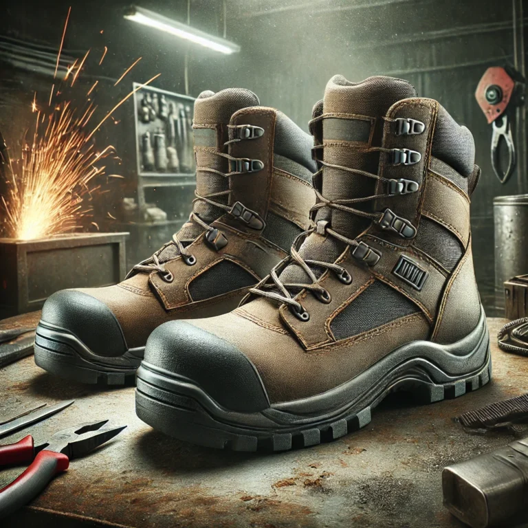 A pair of rugged brown met guard welding boots with reinforced toe caps and thick slip-resistant soles, placed on a workshop table surrounded by tools and metal sparks in the background.