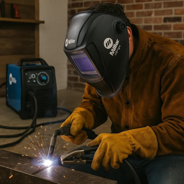 A welder using a Miller ClearLight helmet in a home garage, welding on a steel beam with visible sparks, next to a Miller welding machine.