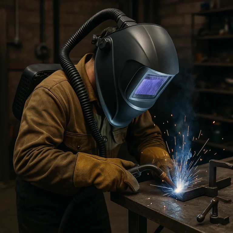 A welder actively working with a PAPR helmet in a home garage, surrounded by welding tools and safety gear.