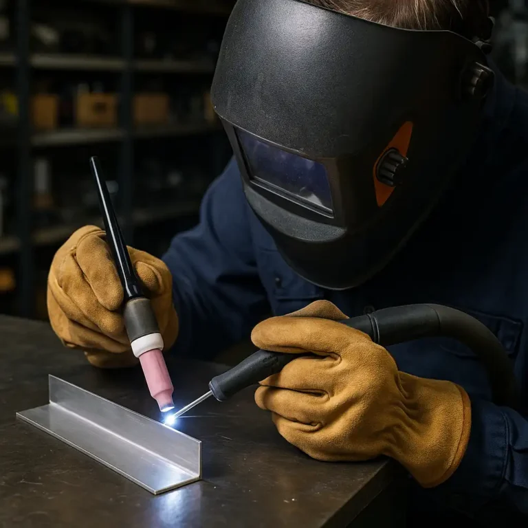 Welder using a TIG torch to work on thin aluminum inside a realistic workshop setting.