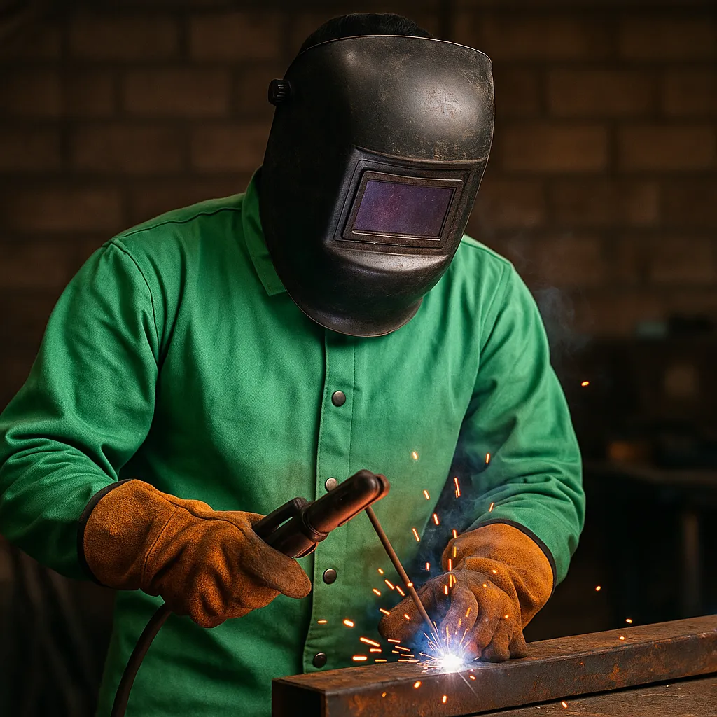 A welder working outdoors in summer conditions, wearing a lightweight green flame-resistant welding jacket for hot weather comfort.