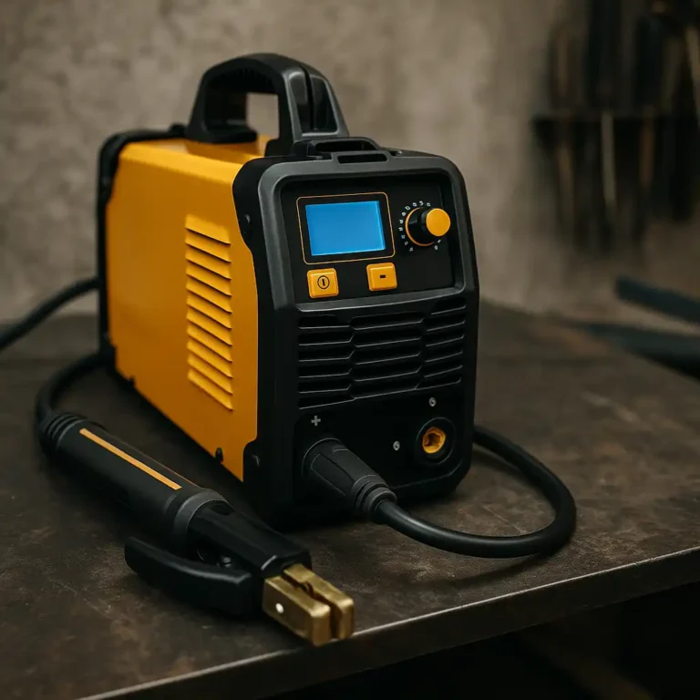 A compact yellow and black multi-process welder with a digital display and attached electrode holder resting on a metal workbench in a workshop setting.