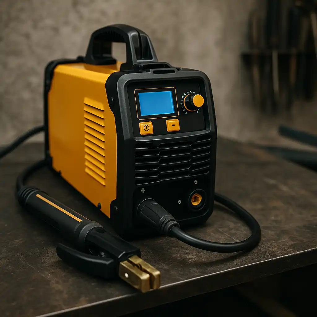 A compact yellow and black multi-process welder with a digital display and attached electrode holder resting on a metal workbench in a workshop setting.