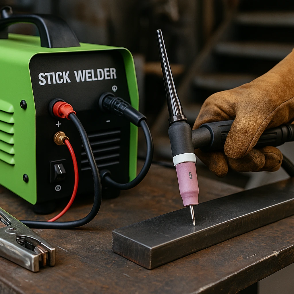 A high-resolution close-up of a welder's gloved hand holding a TIG torch next to a green stick welder machine on a metal workbench.