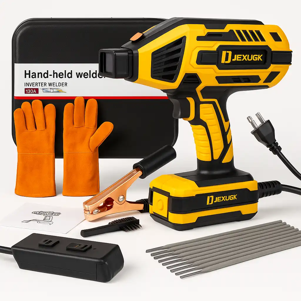 A product display of a yellow JEXUGK handheld inverter welder kit, including welding rods, orange gloves, ground clamp, brush, power adapter, and carrying case.