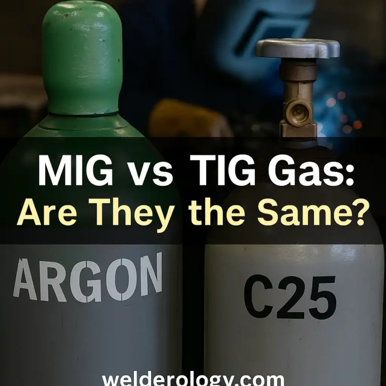 Two gas cylinders labeled Argon and C25 stand side by side in a welding workshop, with a welder working in the blurred background. Overlaid text reads "MIG vs TIG Gas: Are They the Same?" with welderology.com at the bottom.