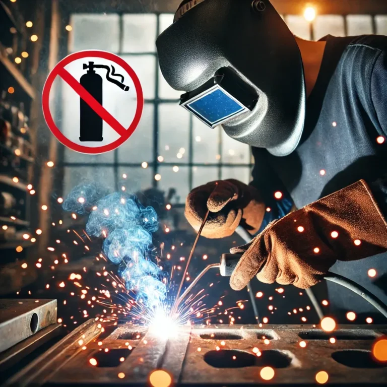A welder performing stick welding in a workshop, surrounded by bright sparks, wearing protective gloves and helmet, with a “no gas” icon overlay.
