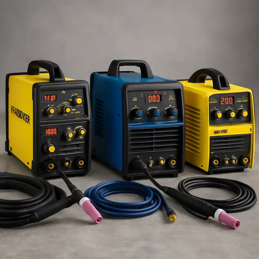 Three TIG welding machines neatly arranged in a workshop, ready for aluminum welding.