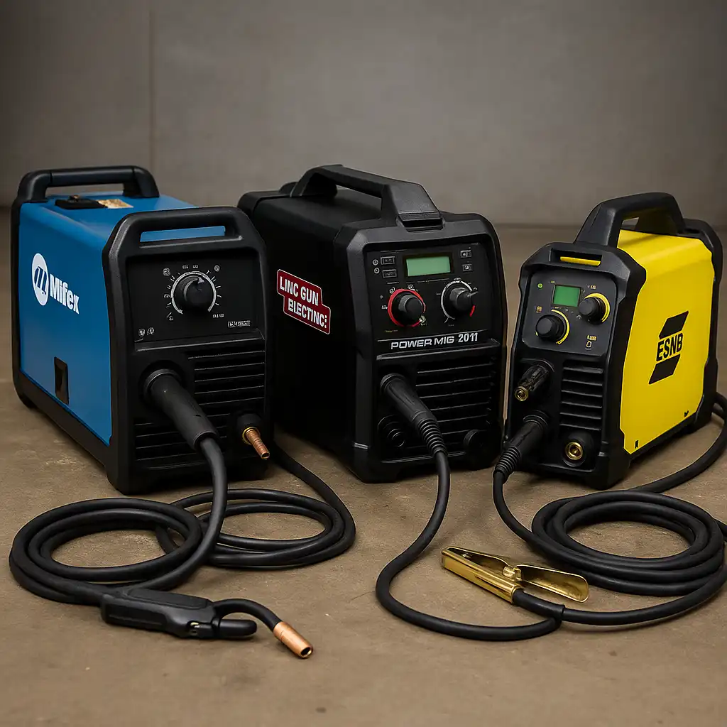 Three top-rated MIG welders, including Miller Millermatic 211, Lincoln Power MIG 211i, and ESAB Rogue EM 140, displayed side by side on a workshop background.