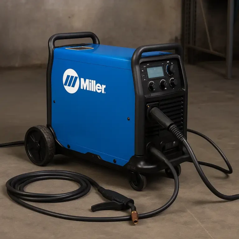 A Miller multiprocess welding machine set up in a workshop, showcasing its versatile design and advanced controls.