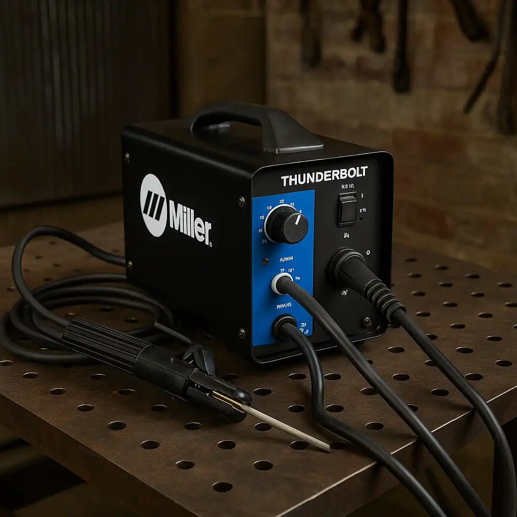 A Miller Thunderbolt stick welding machine in a workshop setting.